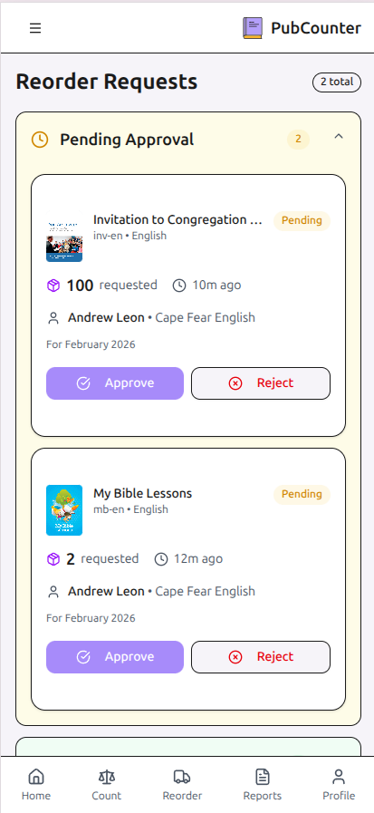 PubCounter reorder requests management screen